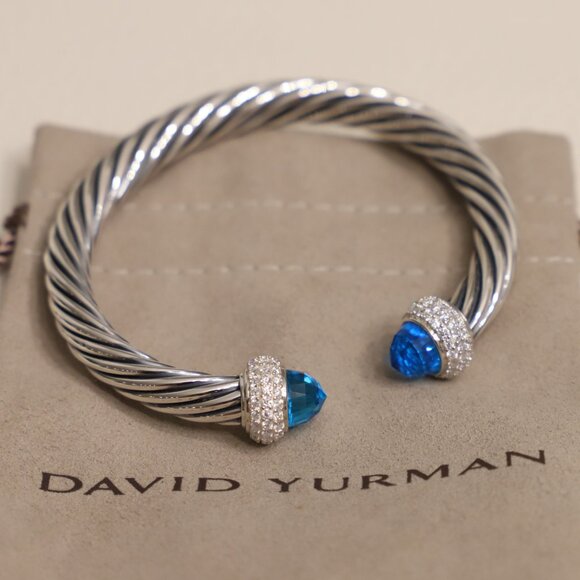 David Yurman Sterling Silver 7mm Candy Cable Bracelet Blue Topaz with Diamonds - Picture 1 of 5